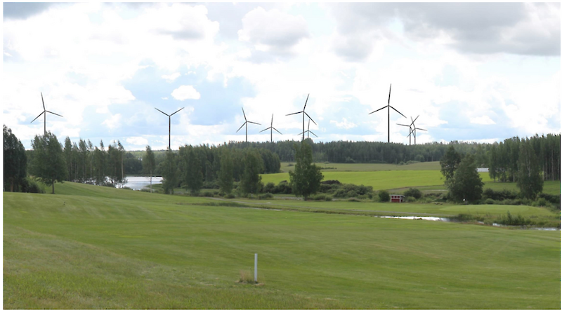 Kuva: Tevaniemen Tuuli/Sitowise. YVA-selostus sisältää havainnekuvia suunniteltujen tuulivoimaloiden näkyvyydestä. Havainnekuva Heikkilästä golfkentän kohdalta.