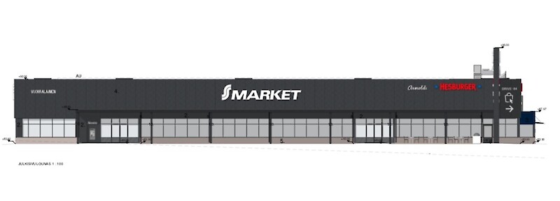Kuva: Arkkitehtitoimisto Q-ARK. Tippavaaraan rakennettavan S-Marketin julkisivu Kyreltien suunnalta.