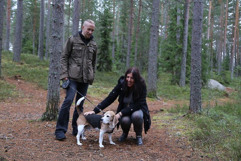 Amon Kivineva, Belén Muñoz ja heidän koiransa Kekkonen ovat asuneet Suomessa nyt reilun vuoden. Kekkonenkin liikkuu nykyään metsässä tottuneesti, aluksi erikoisempien eläimien, kuten hirven hajut hieman ihmetyttivät.