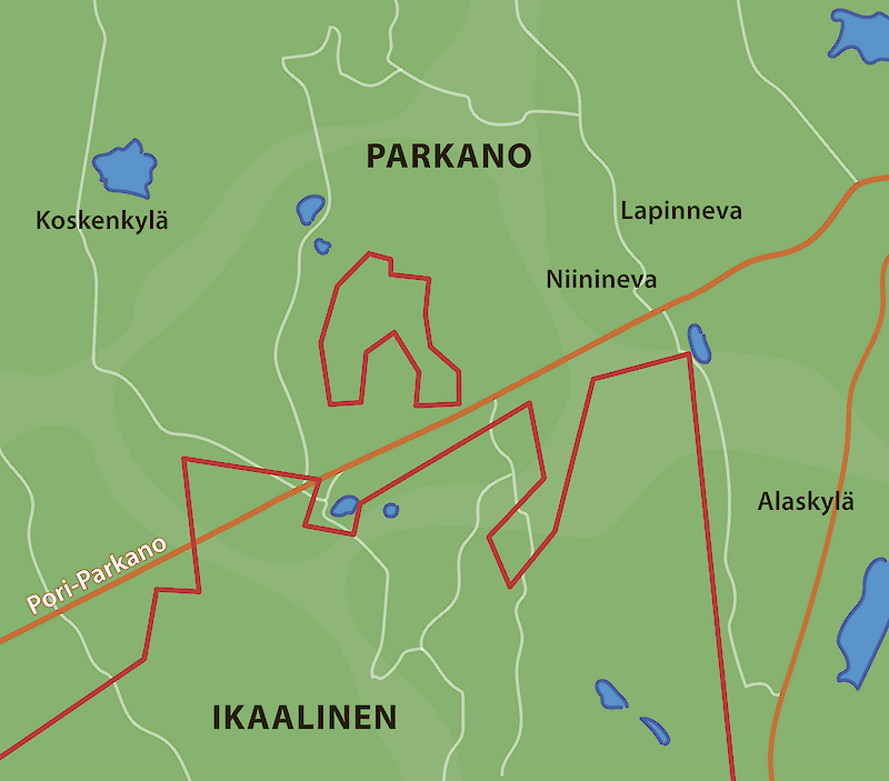 Kartassa punaisella viivalla on Ikaalisten kaupungin rajat ja Rukonevan enklaavi on hevosenkengän muotoinen alue. Kartta: Sini Kulmala