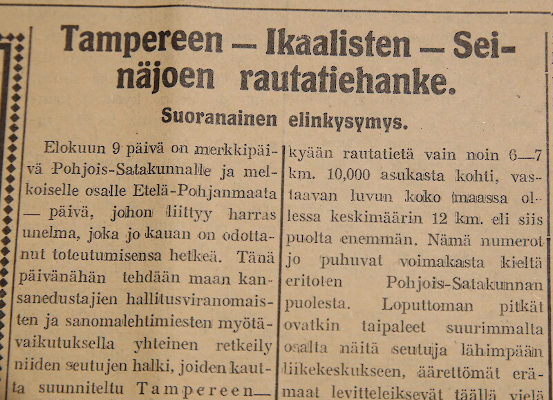 Rautatiehankkeesta kirjoitti Hämeenkyrön Sanomat vuonna 1925 korostaen radan tarvetta.
