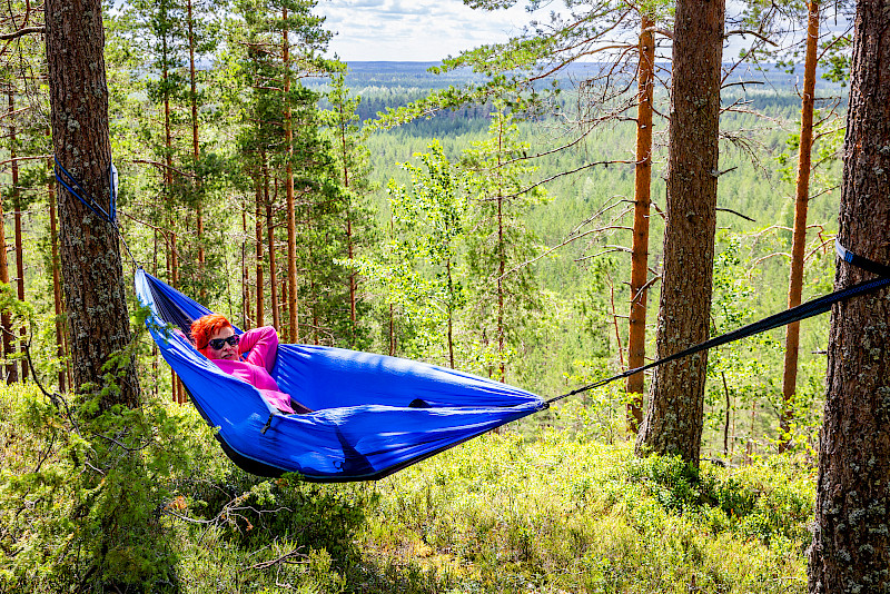 – Vestivaaaleilla pääsee nauttiman Vatulanharjun maisemista myös riippumatossa, kertoo Ikaalisten kaupungin viestintä- ja kulttuurikoordinaattori Eila Mäntyjärvi. Kuva: Jani Hannula.