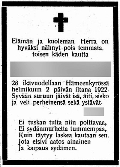 Murhatun kuolinilmoitus Hämeenkyrön Sanomissa helmikuussa 1922.