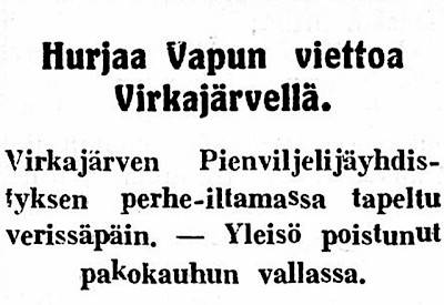 Humalaisten iltamatappelu sai palstatilaa Hämeenkyrön Sanomissa vuonna 1927.