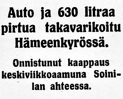 Hämeenkyrön Sanomat uutisoi suuresta pirtutakavarikosta vuonna 1929.