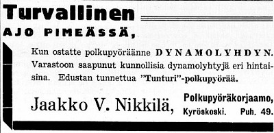 Syksyn maanteillä liikkui paljon pyöräilijöitä, moni valotta umpipimeässä. Ilmoitus Hämeenkyrön Sanomissa 6.10.1939.