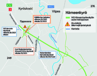 Kuva: VT3 Hämeenkyrönväylä. Liikennejärjestelyt Tippavaarassa muuttuvat kesällä eritasoliittymän rakentamisen vuoksi.