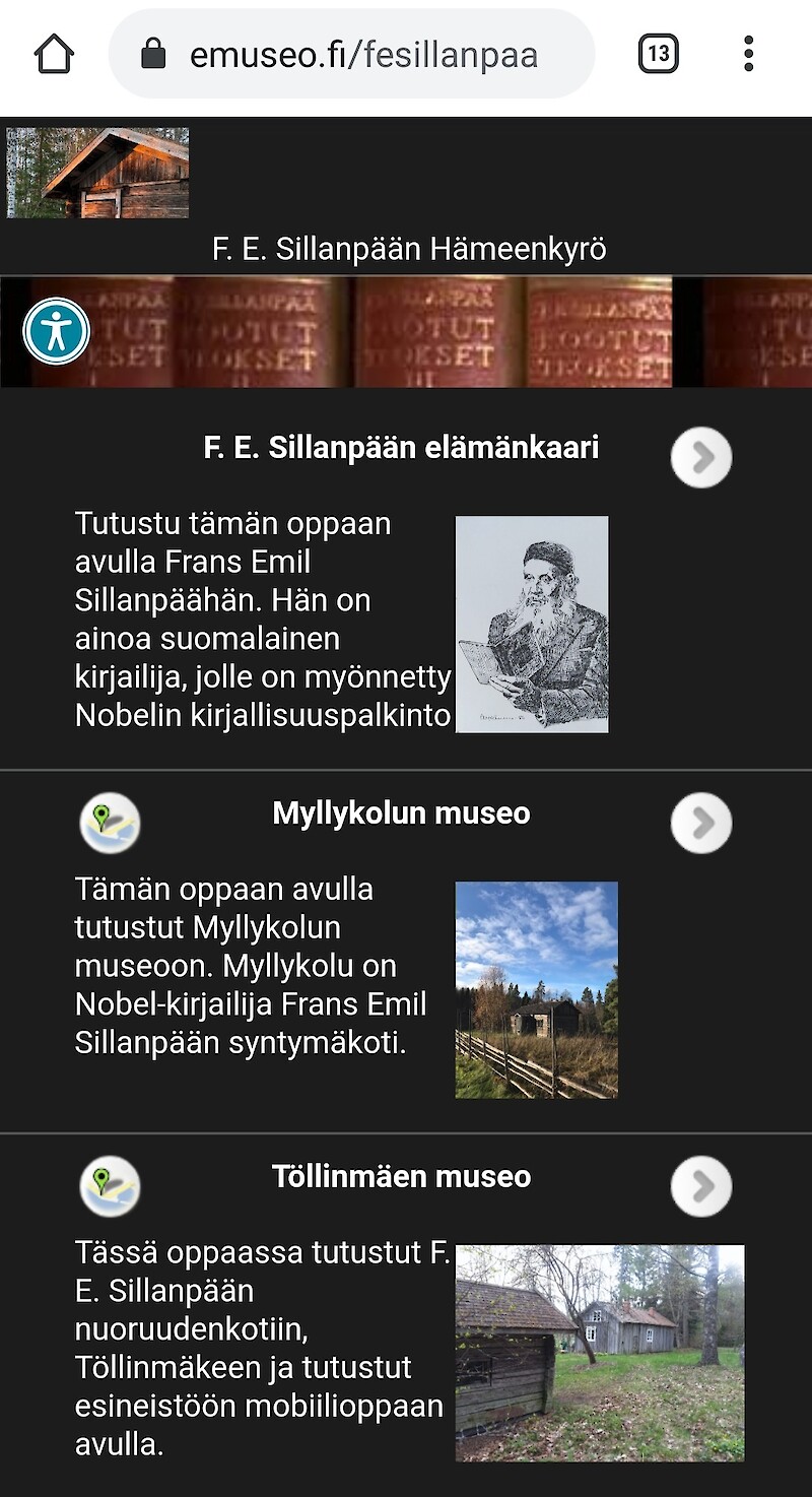 Kuvakaappaus Sillanpää-museoiden mobiilioppaasta. Oppaasta löytyy tietoa F. E. Sillanpään elämästä, kirjallisuudesta sekä paikoista.